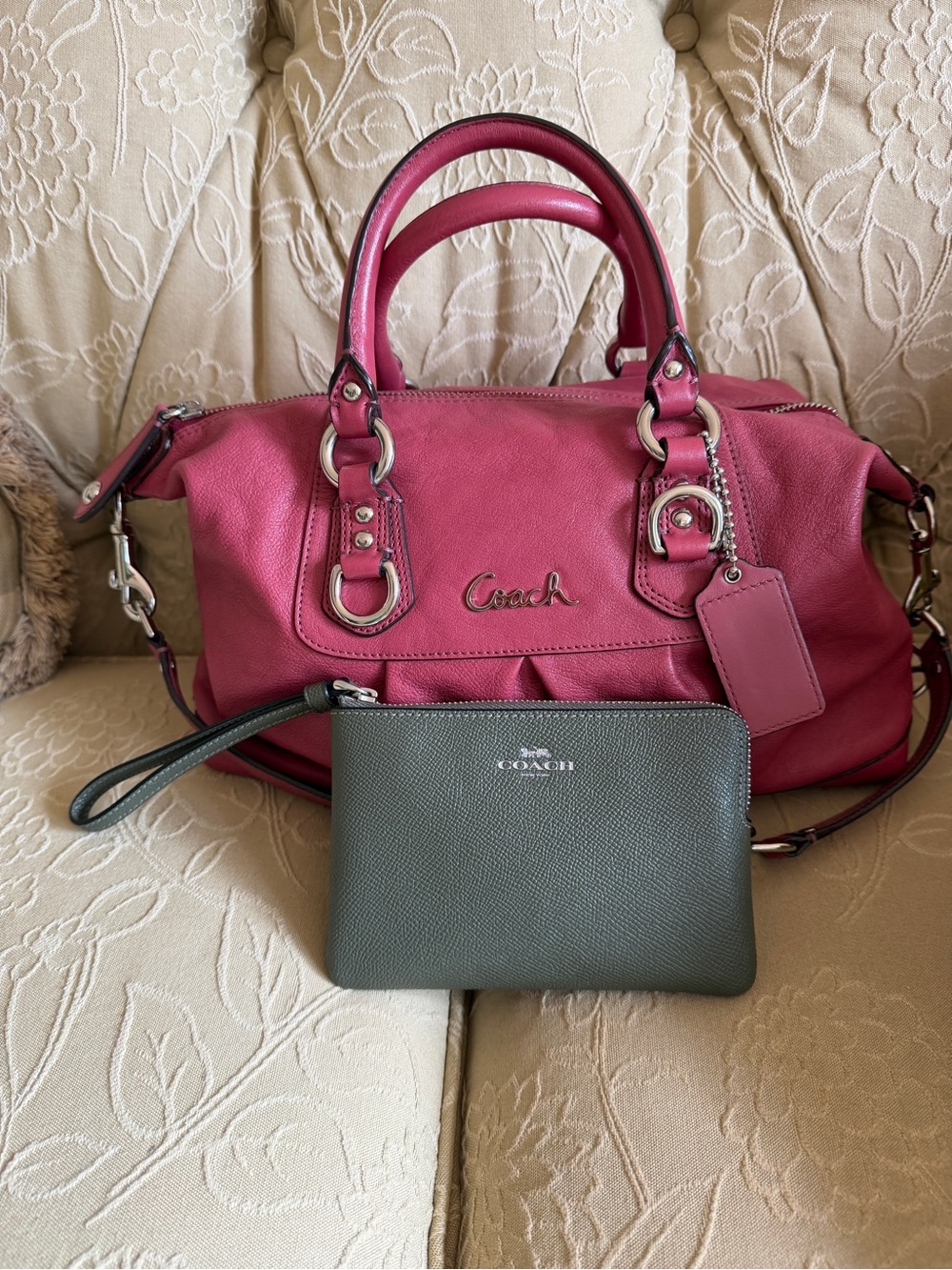 Coach Fuchsia Leather Satchel with Olive Wristlet